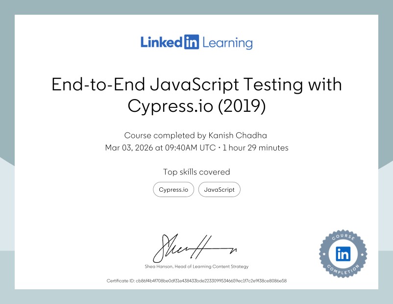 Cypress.io LinkedIn Learning certificate preview