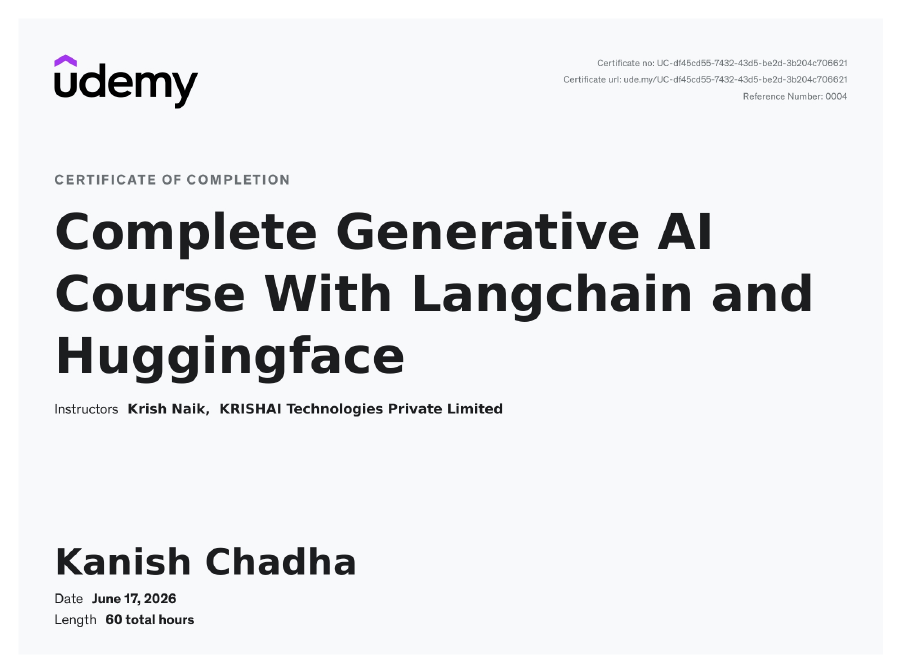 Generative AI with LangChain and Hugging Face certificate preview